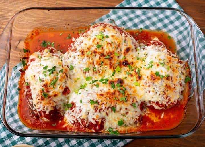 Baked Chicken Parmesan in glass baking dish