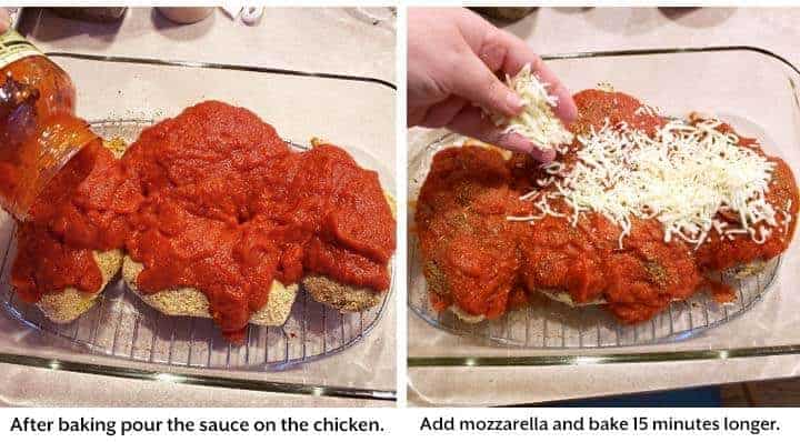 adding pasta sauce and cheese to baked chicken