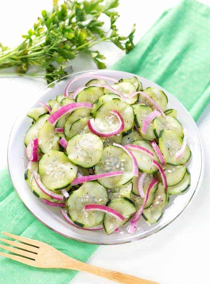 Classic Cucumber Salad on a white plate