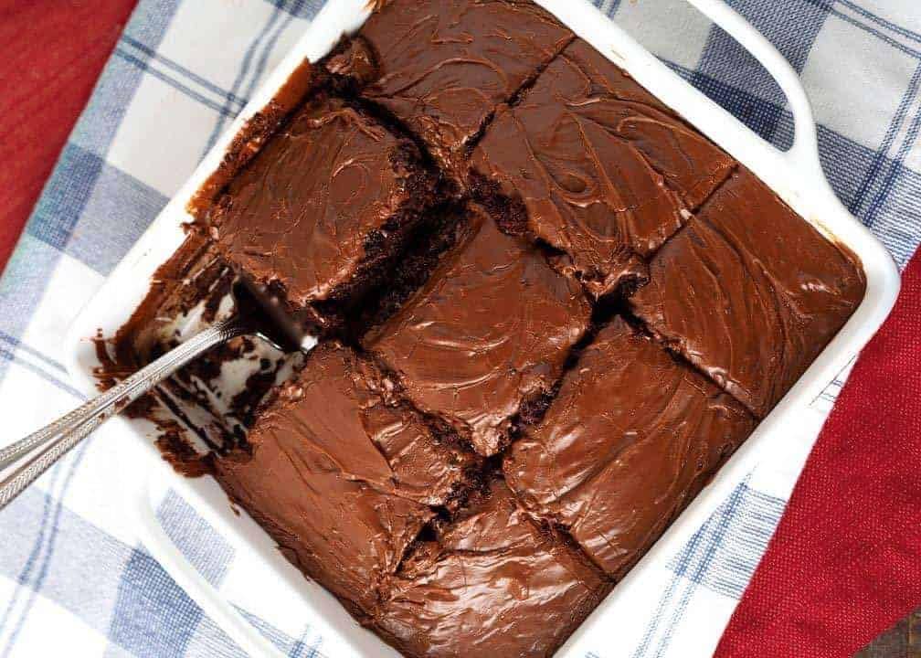 Chocolate Depression Cake in a white pan