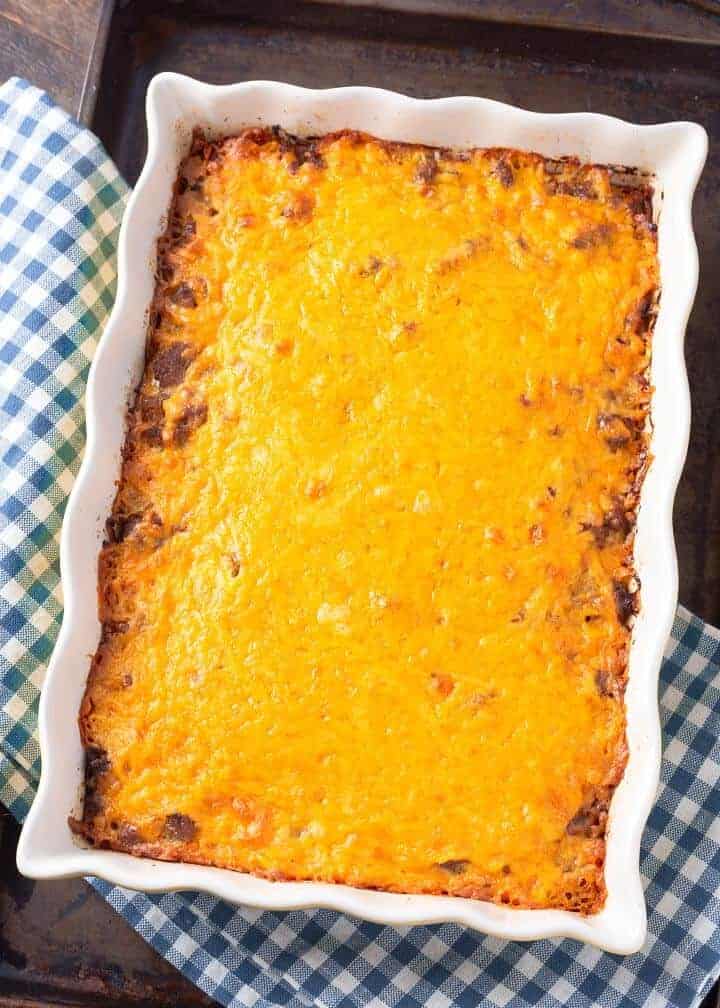 Hash Brown Egg Casserole in a baking dish from above