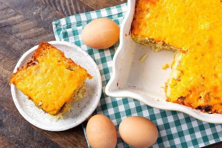 Hash Brown Egg Casserole in a baking dish and on a white plate