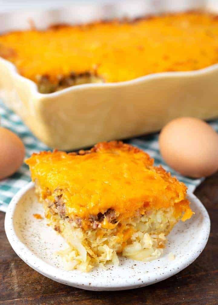 Hash Brown Egg Casserole on a white plate and in a baking dish
