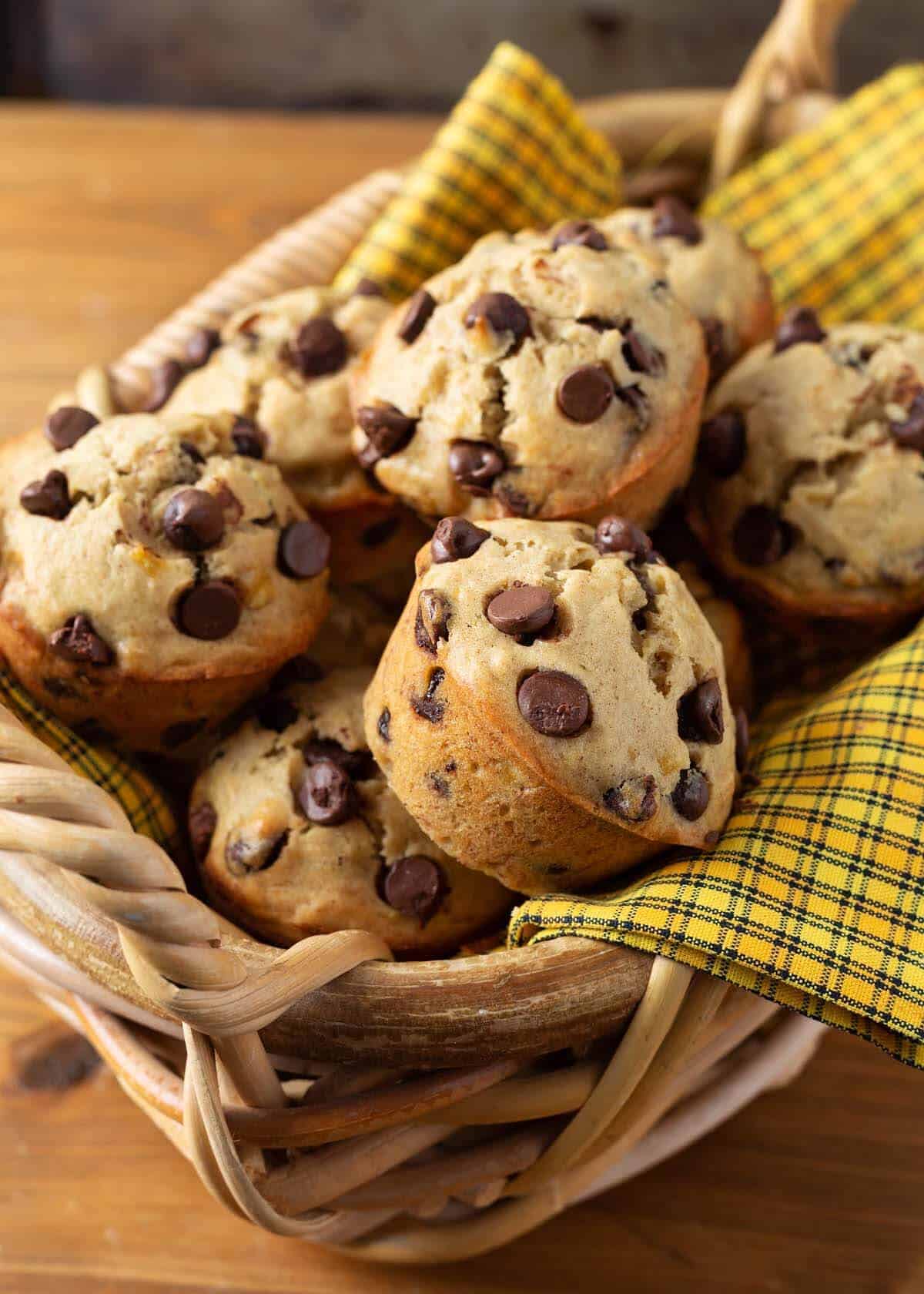 basket filled with Banana Chocolate Chip Muffins