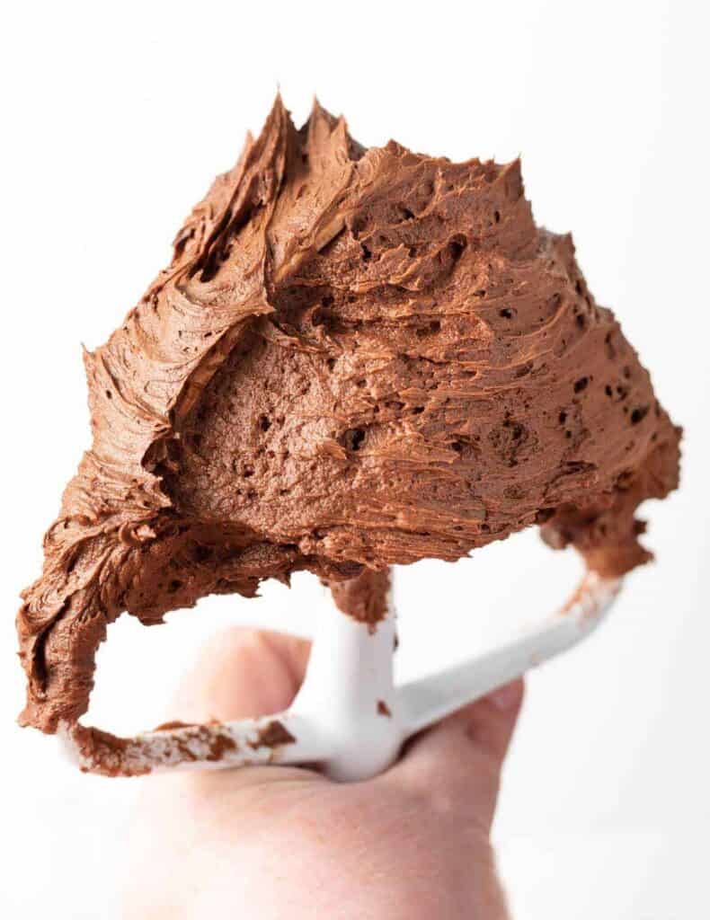 Chocolate Buttercream Frosting on a white paddle