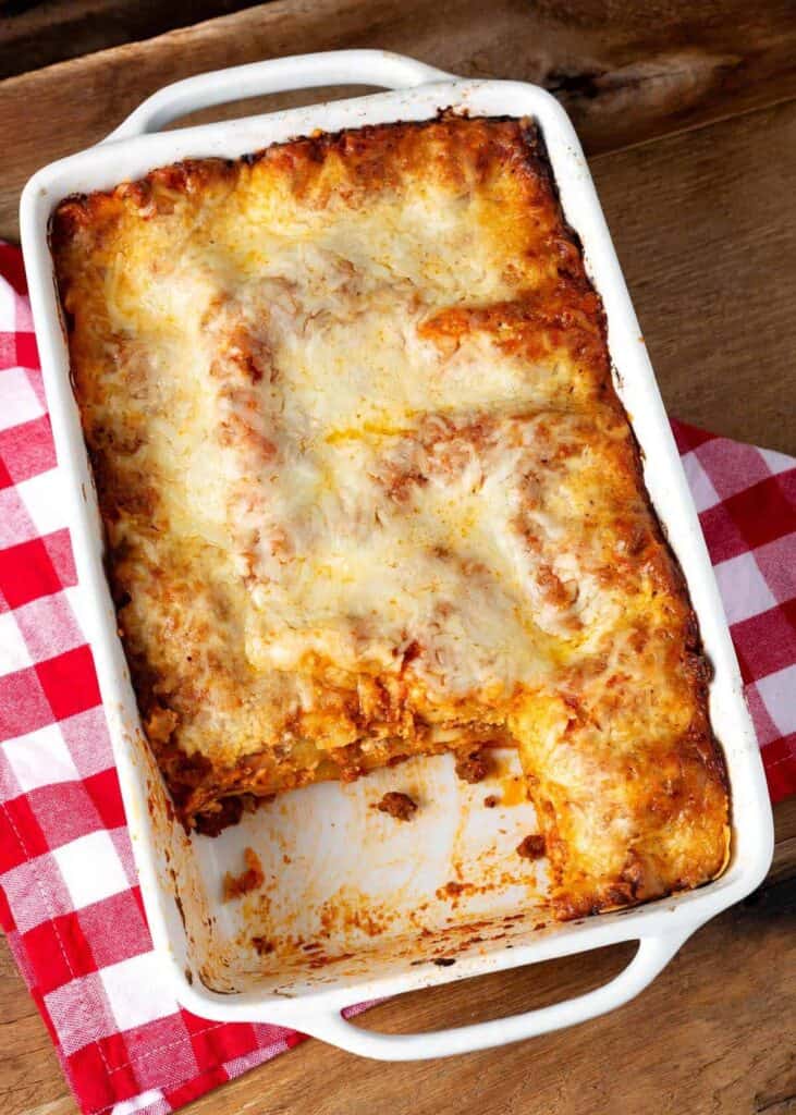 Classic Homemade Lasagna in a white baking dish