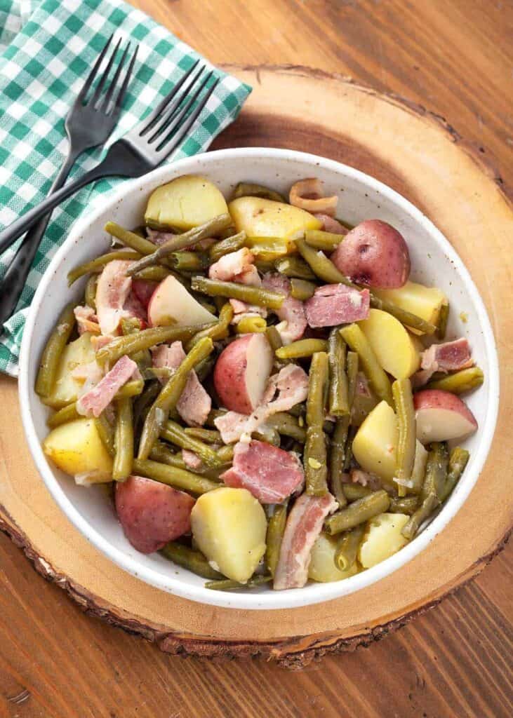 Southern Green Beans, Bacon and Potatoes in a white bowl