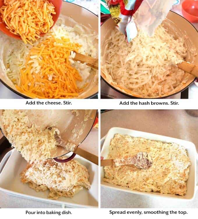 adding cheese, potatoes, and putting in dish
