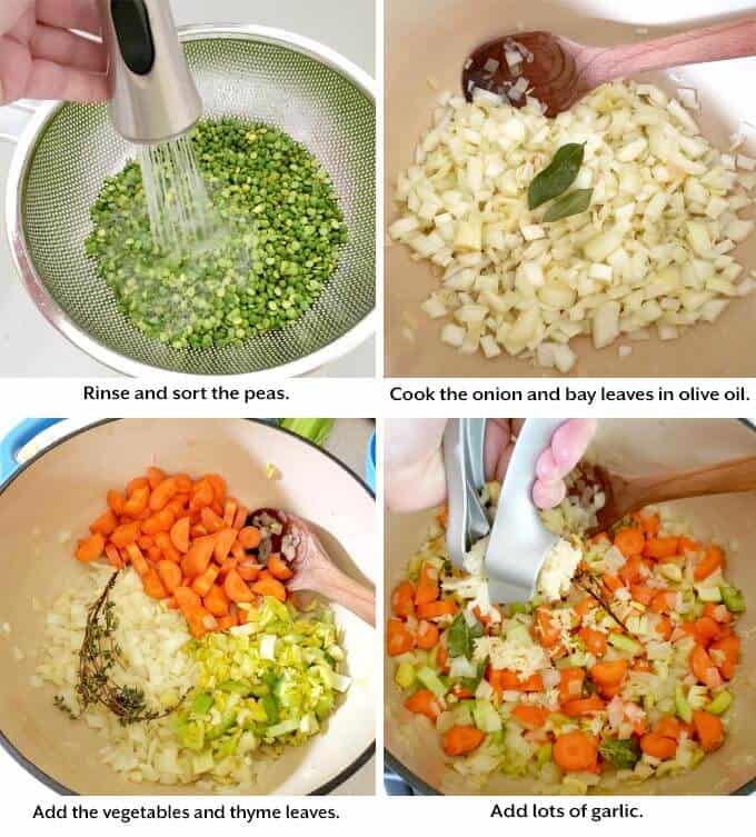 rinsing peas, cook onion, add veggies, add garlic