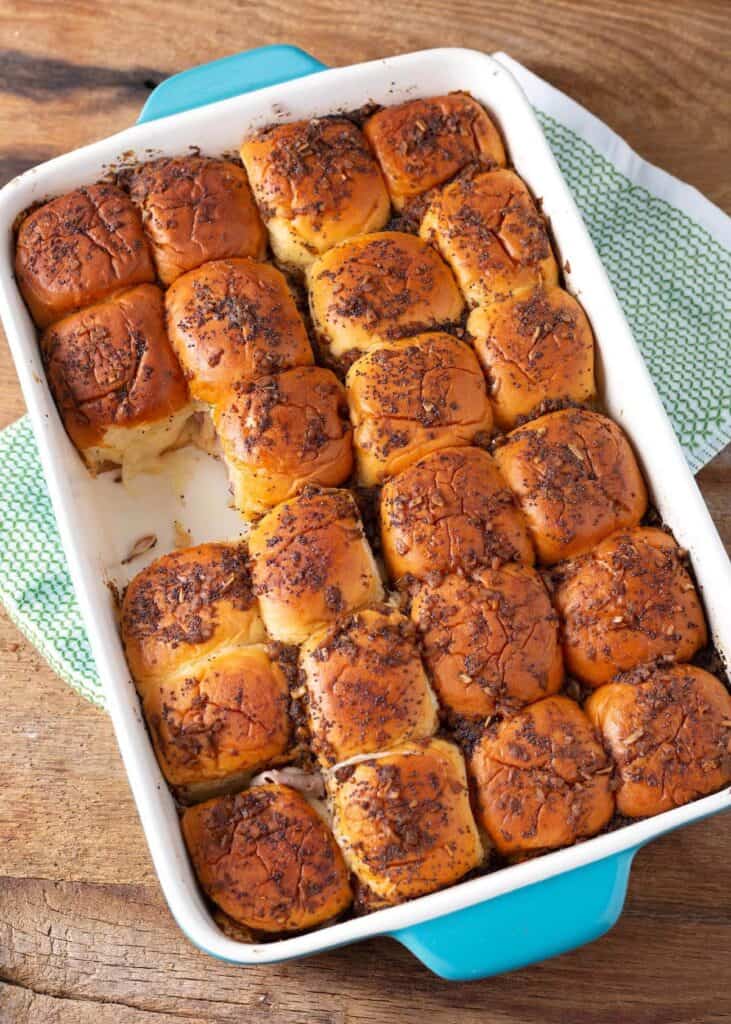 Ham and Cheese Sliders in a baking dish from above