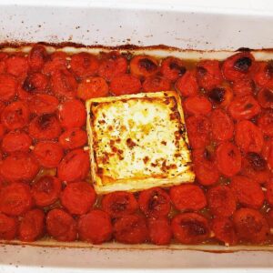 Baked Tomato Feta Pasta in a white baking dish