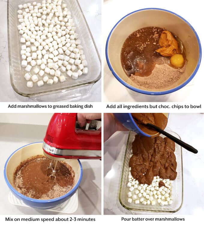 mixing the cake batter and adding it to the baking dish over the marshmallows