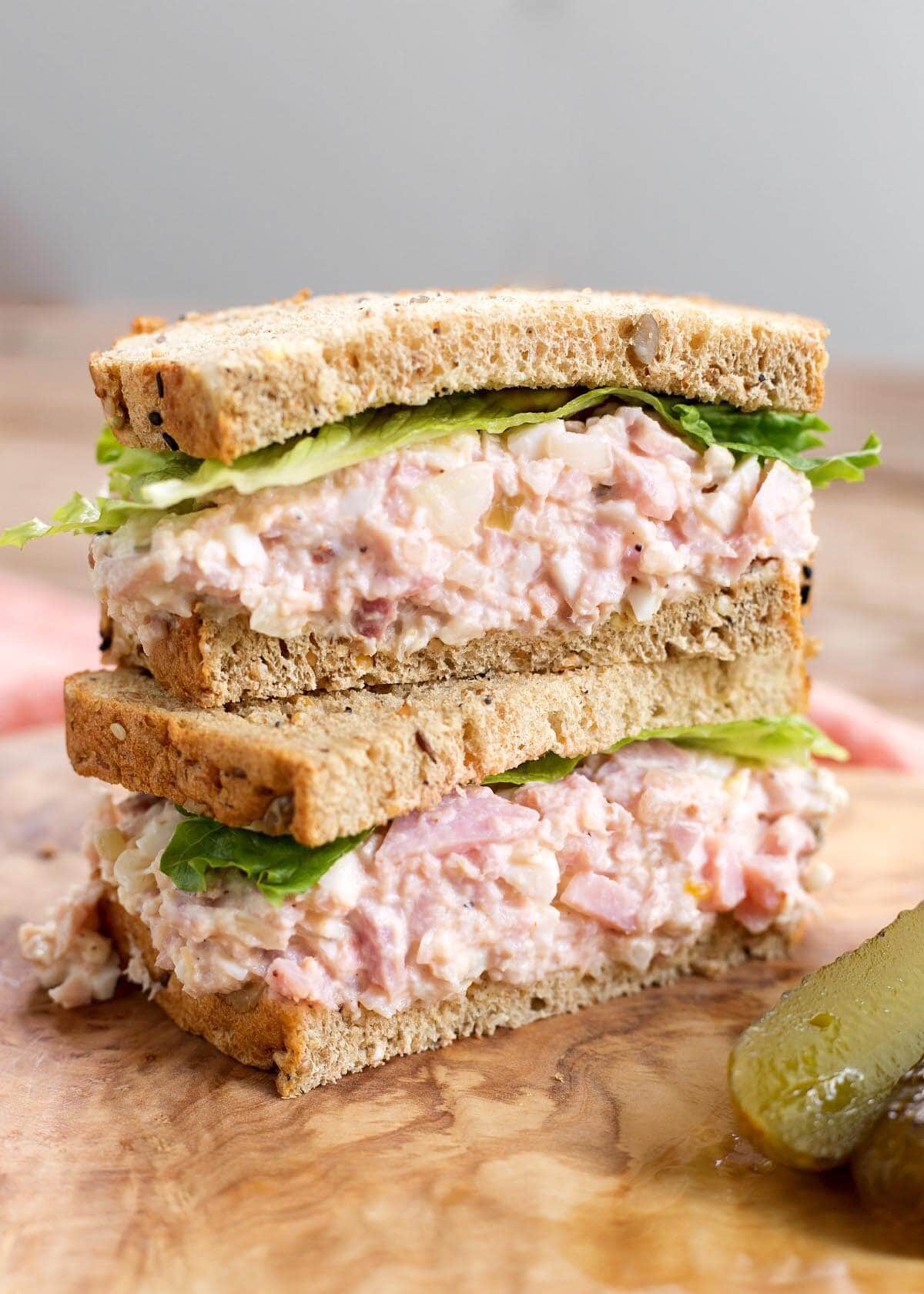 Classic Ham Salad sandwich scut in half and stacked