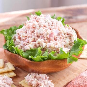 Ham Salad in a wood bowl on lettuce
