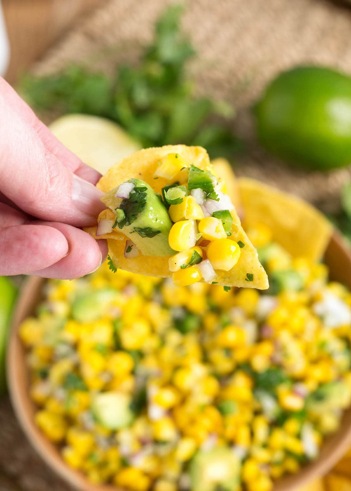 Corn Salsa on a chip close up