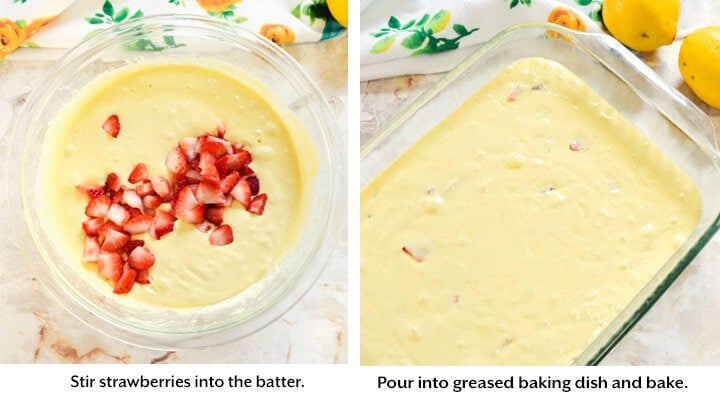 Cake batter in bowl and in dish