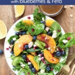 Peach Salad with Blueberries and Feta in a white plate