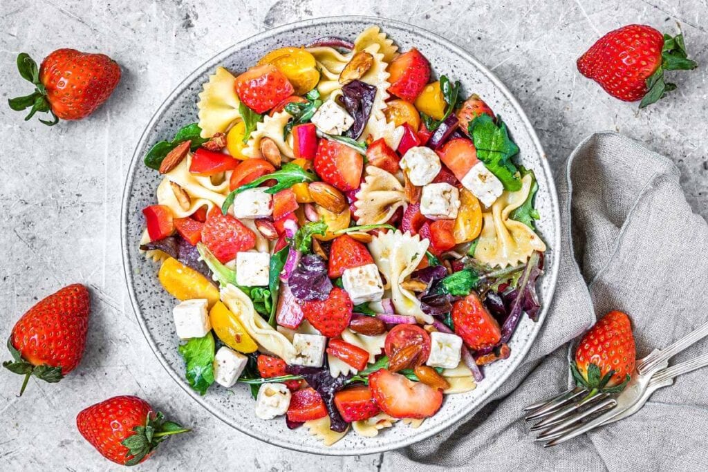 Strawberry Pasta Salad in a grey bowl from above