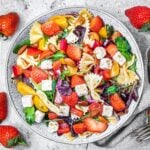 Strawberry Pasta Salad in a grey bowl from above