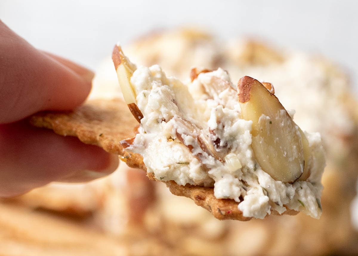 Nutty Bacon Cheese Ball on a cracker close up