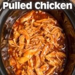 Slow Cooker BBQ Pulled Chicken in a black crock