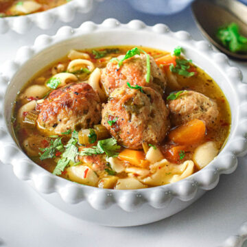 Instant Pot Meatball Pasta Soup in white bowl