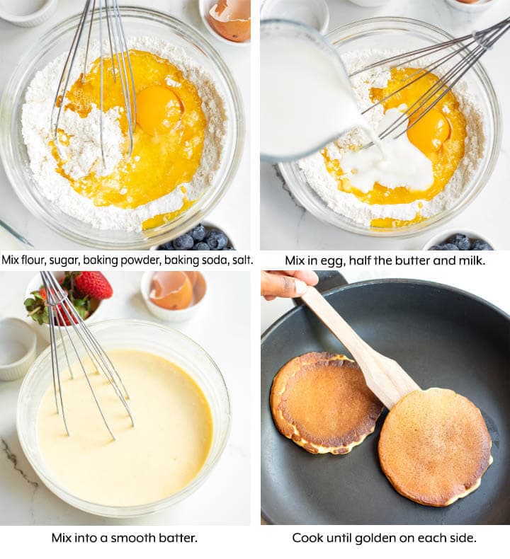 adding ingredients to bowls and mixing, then frying pancakes