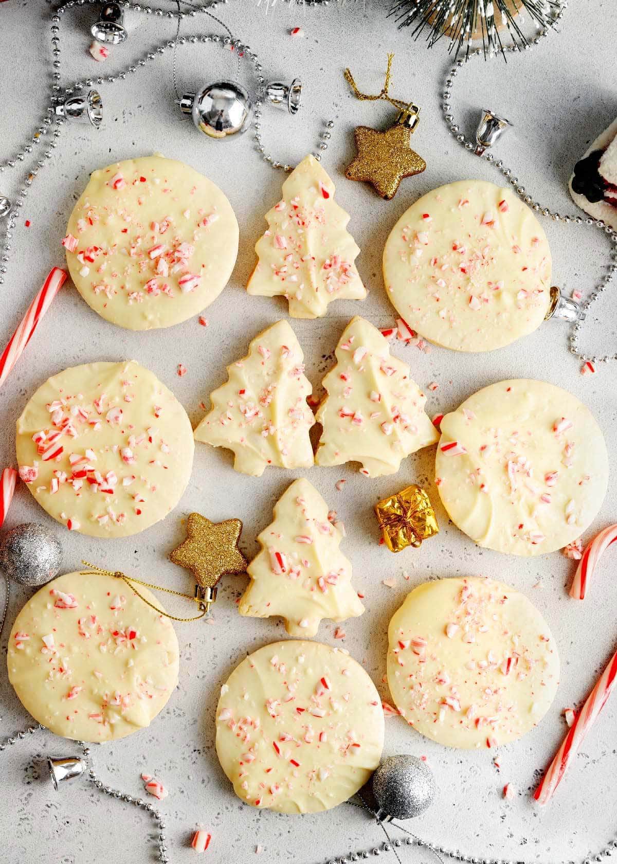 Christmas Cut-Out Sugar Cookies with decor and candy canes