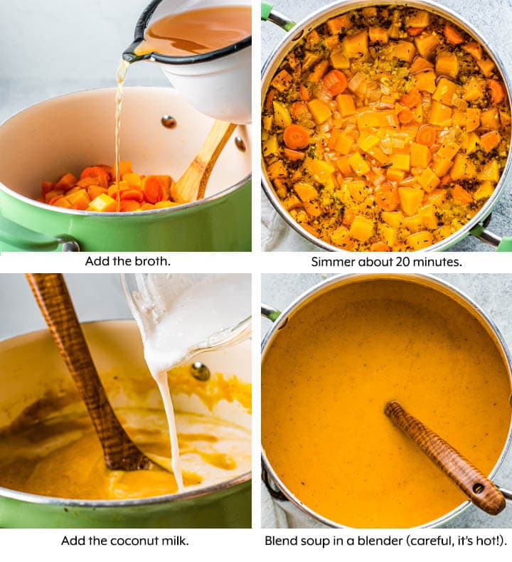 collage of adding broth, veggies, coconut milk to soup