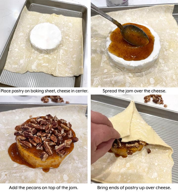 covering cheese with pastry, adding jam and nuts