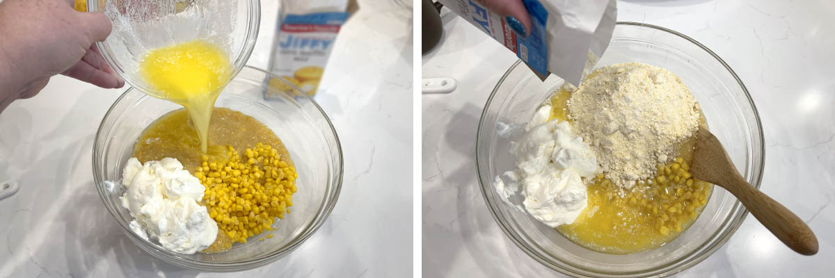 pouring melted butter into bowl of ingredients, pouring corn mix in bowl