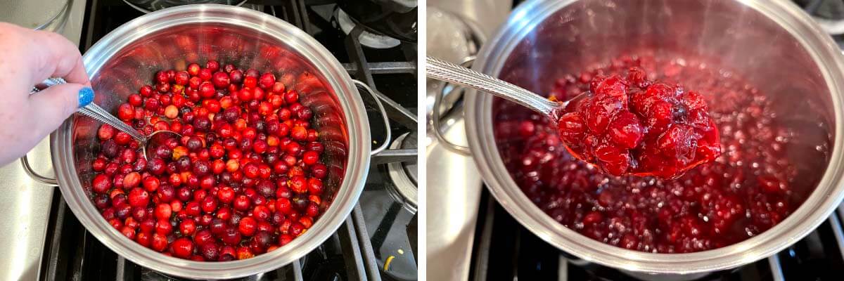 stirring cranberries, cooked cranberries on a spoon