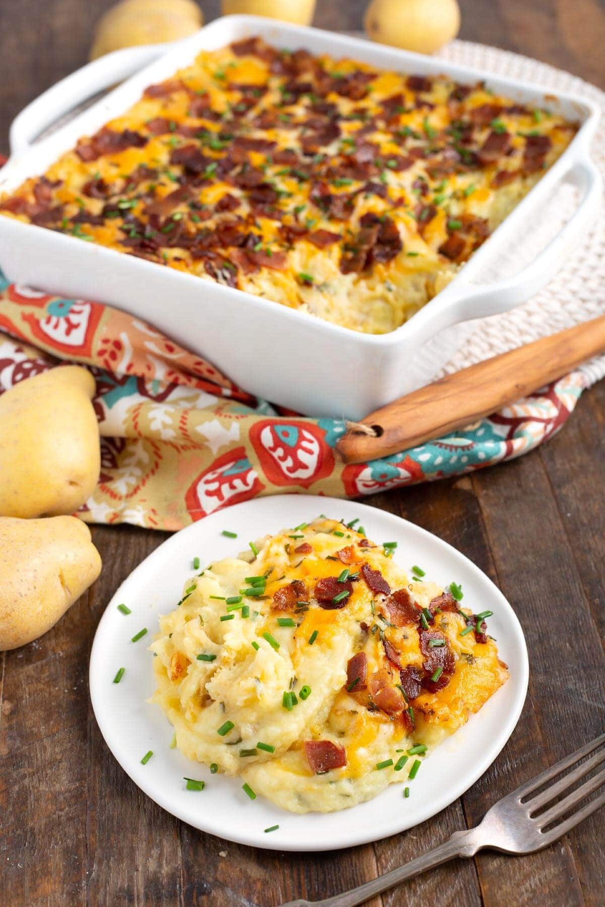 Mashed Potato Casserole in a baking dish and on a white plate