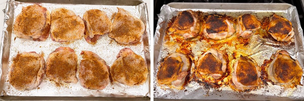 chicken thighs on pan with spices, baked chicken thighs on baking sheet