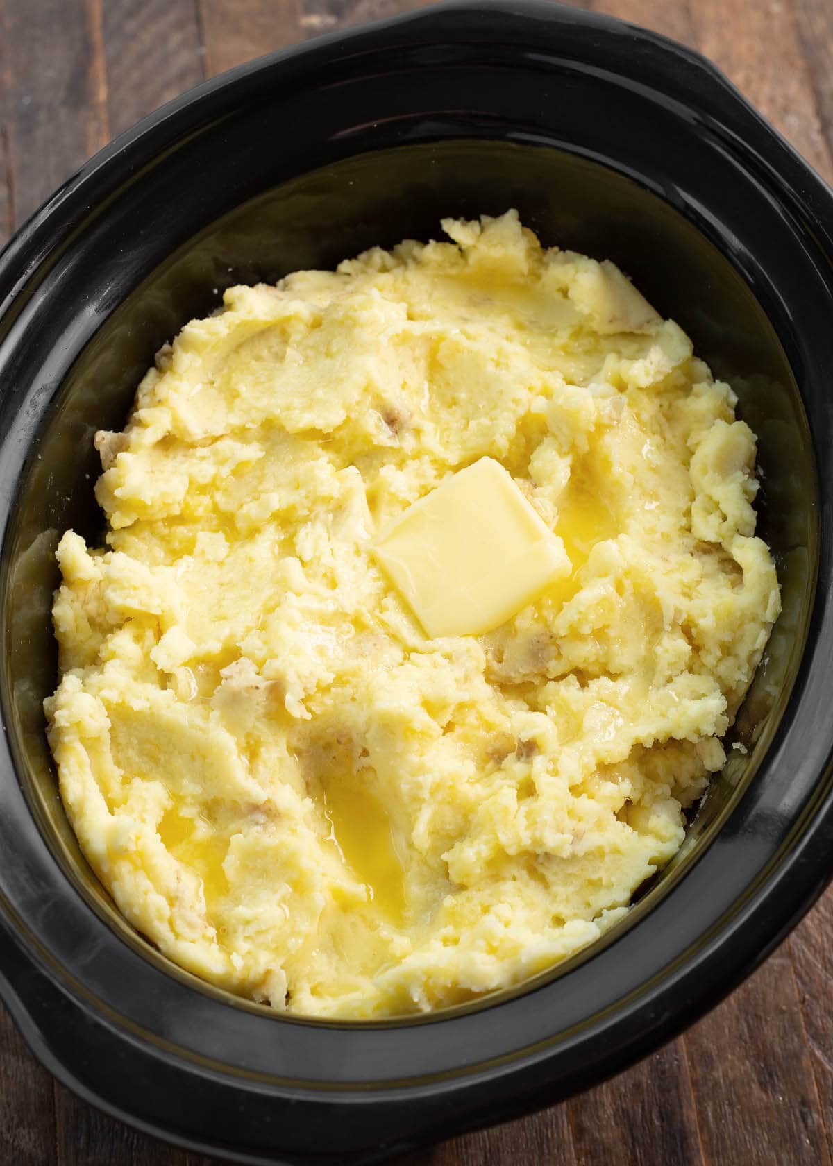 Slow Cooker Mashed Potatoes in a crock