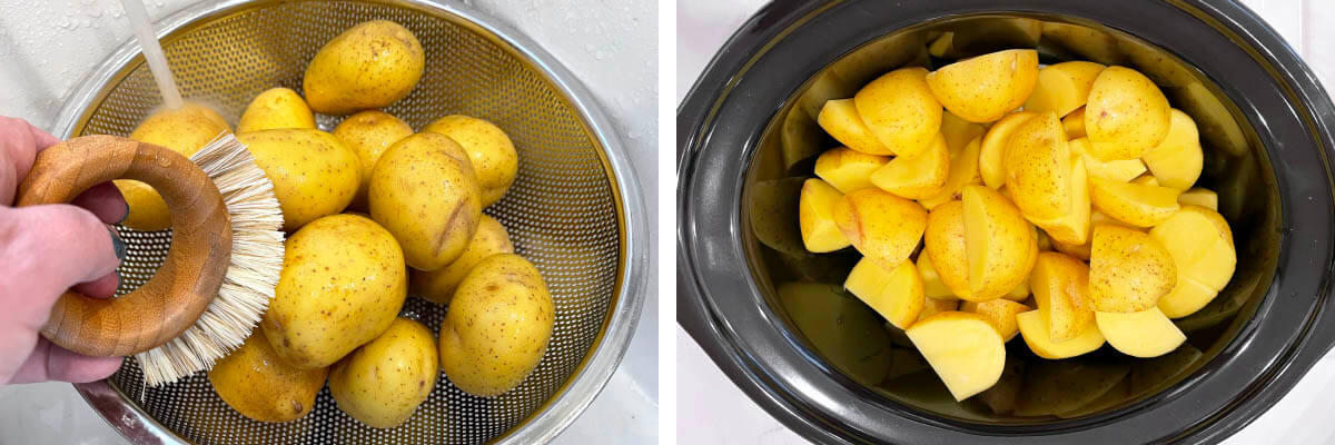 washing potatoes, cut potatoes in the crock