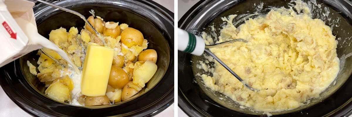 adding butter and milk to potatoes, mashing potatoes
