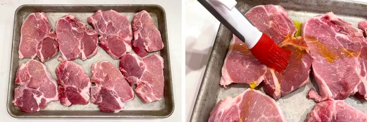 raw pork chops on baking sheet, brushing oil on chop
