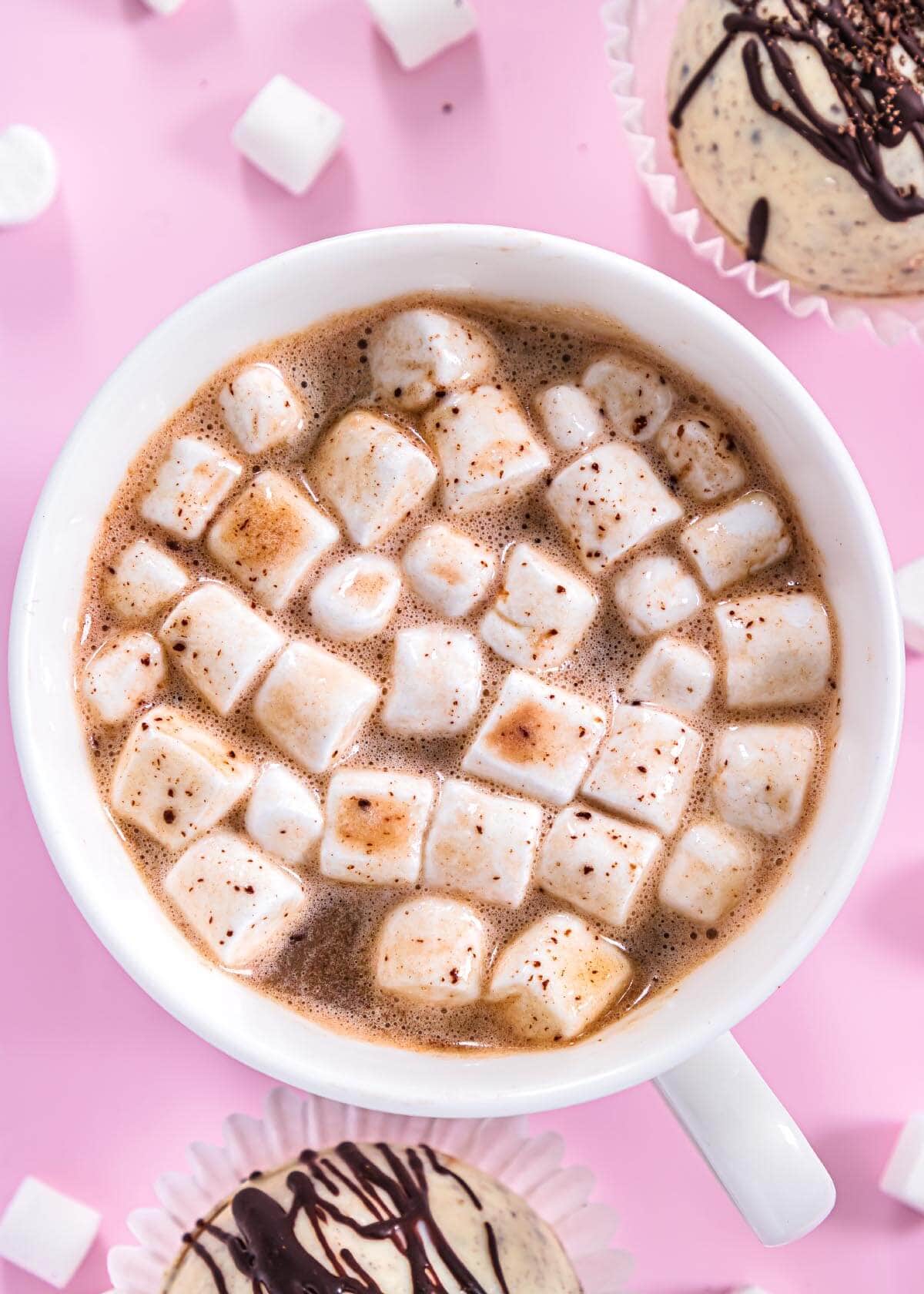 top of mug with cocoa and marshmallows
