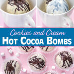 Cookies and Cream Hot Cocoa Bombs in a mug on pink background