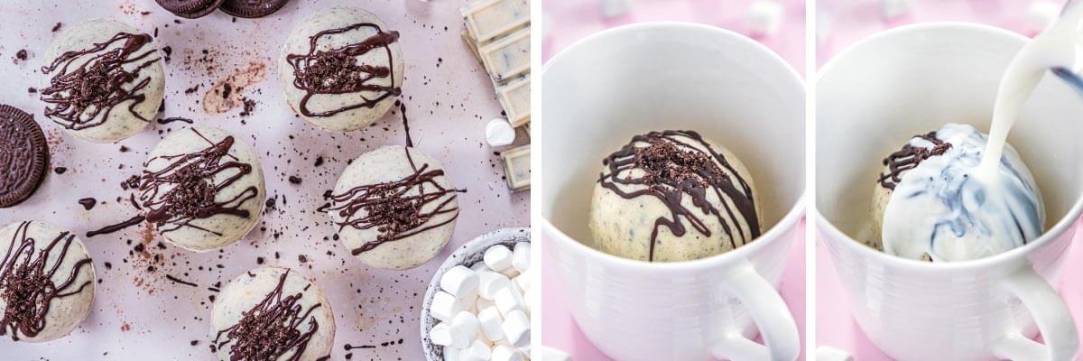 chocolate drizzled over Cookies and Cream Hot Cocoa Bombs, mug with bomb, hot milk pouring on bomb
