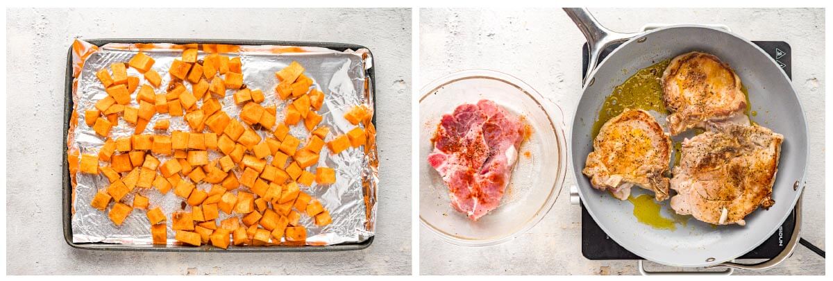 Sweet Potato cubes on baking sheet, frying pork chops