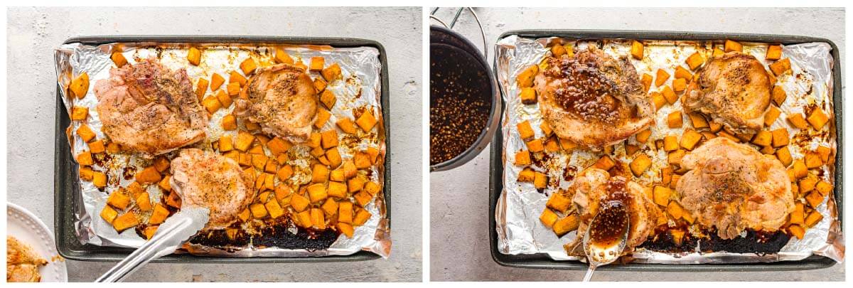 pork chops on baking sheet with Sweet Potatoes, glaze on pork chops