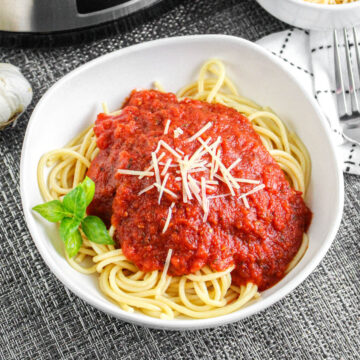 Slow Cooker Marinara Sauce in a bowl of noodles