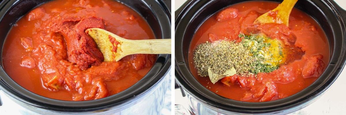 Mixing tomato products in crock, spices added to tomatoes in crock