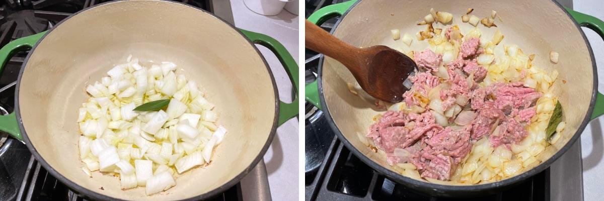 cooking onion in pot, ground meat added