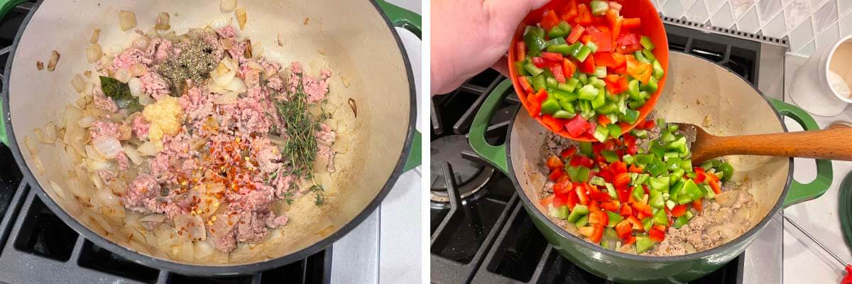 seasoning on meat, adding peppers to pot