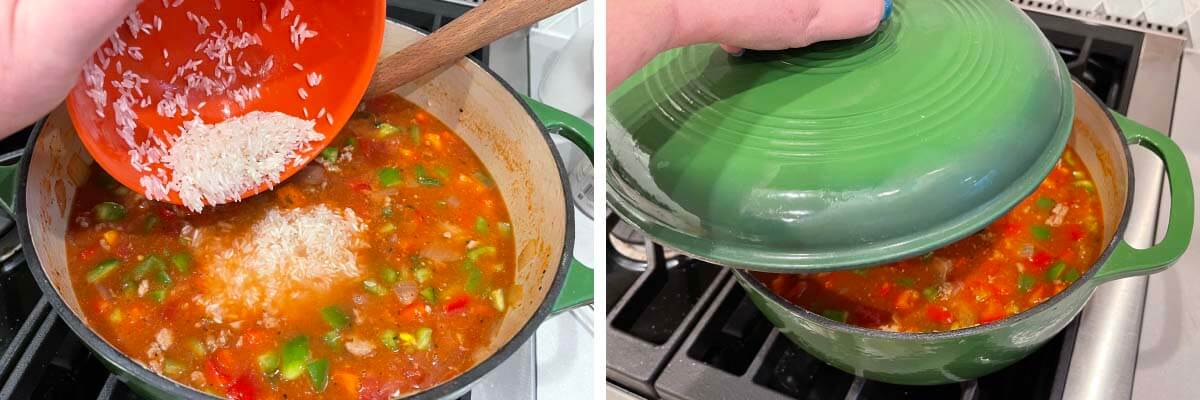 adding rice to stuffed pepper soup, putting lid onto pot