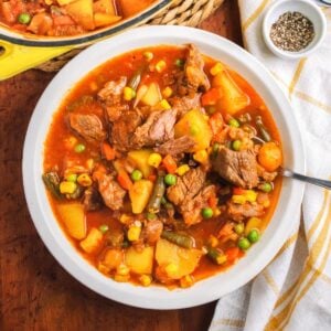 Homestyle Vegetable Beef Soup in a white bowl