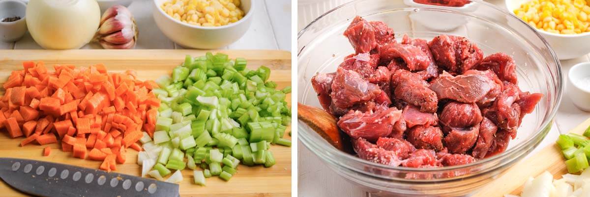 chopped carrots celery, meat chunks in glass bowl